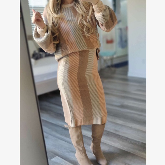 Classic Striped Color Block Knit Sweater Skirt Set - Picture 1 of 6